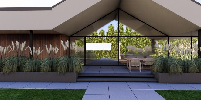 Render posesji na której wykorzystano produkt Livello Grande w kolorze Teneri jako palisady, obrzeża, donice, płyty układane step by step, stopnie lewitujące
