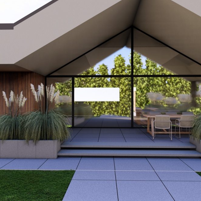 Render posesji na której wykorzystano produkt Livello Grande w kolorze Platino jako palisady, obrzeża, donice, płyty układane step by step, stopnie lewitujące